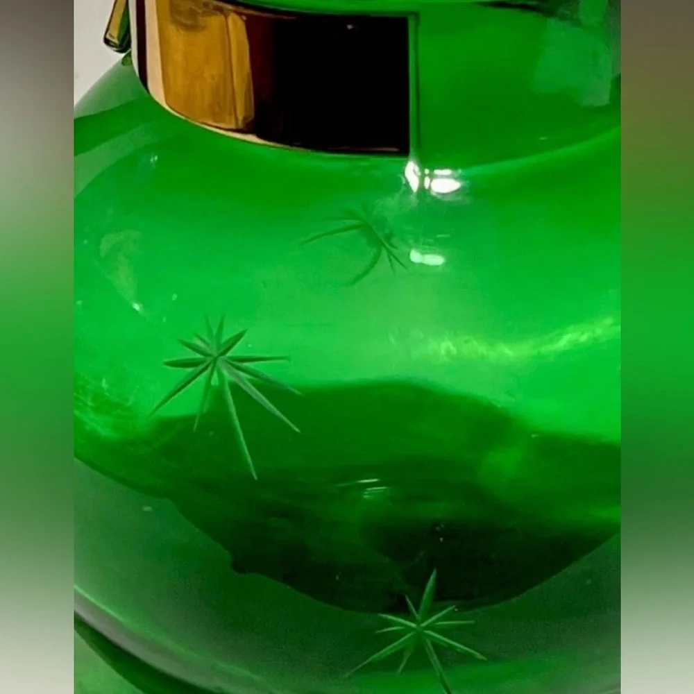 Vintage Emerald Glo Star Cut Green Glass Brass Pitcher Saucer National SilverCo